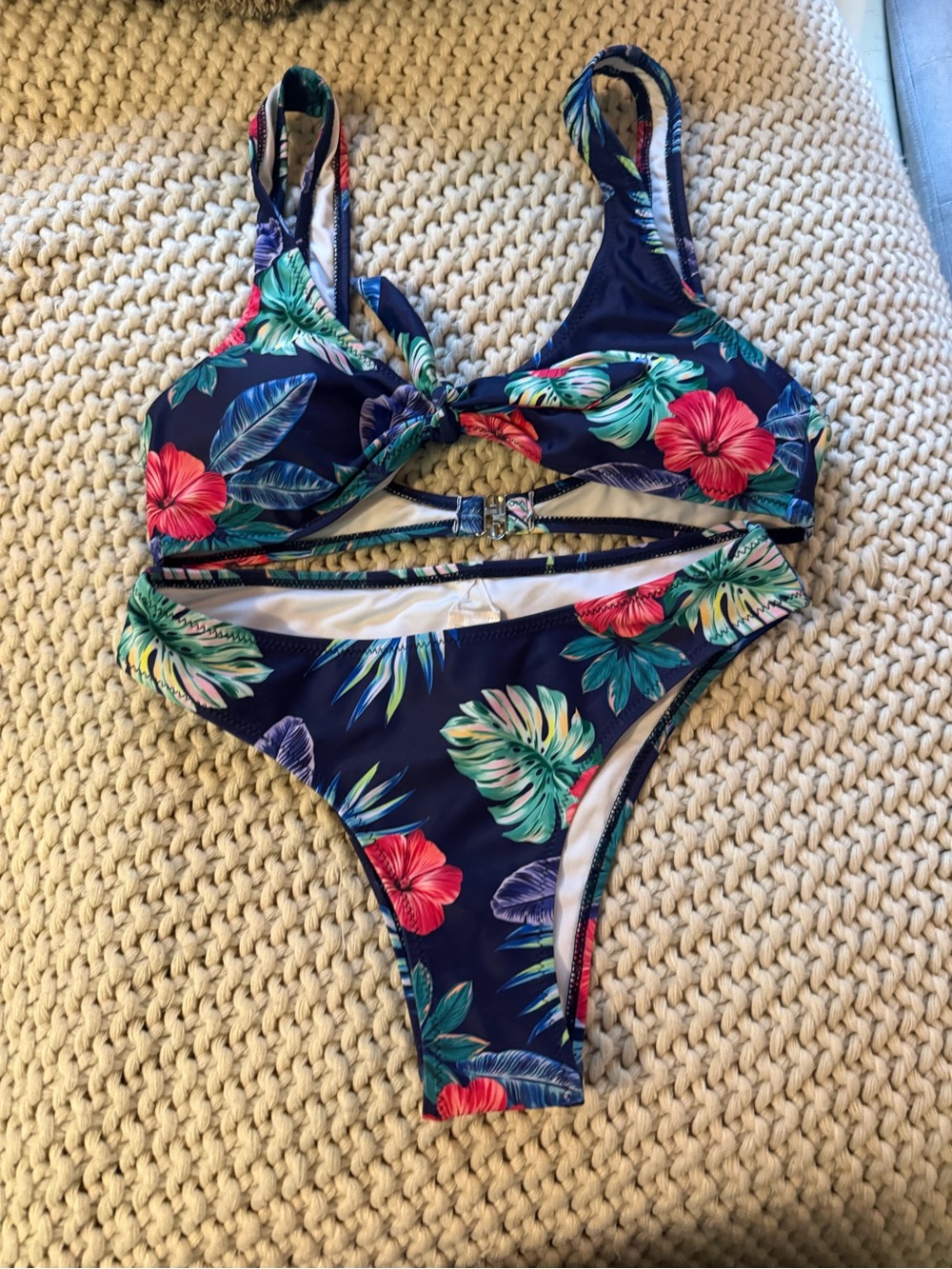 Navy Floral Tie-Front 2-Piece Swimsuit with Cutout